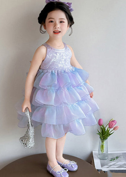 Art Purple Ruffled Tulle Kids Maxi Dress Sleeveless