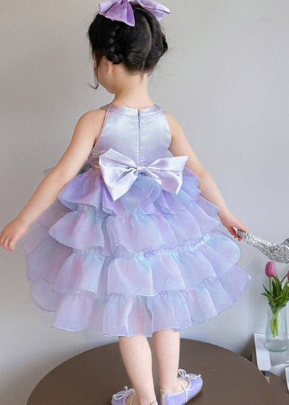 Art Purple Ruffled Tulle Kids Maxi Dress Sleeveless