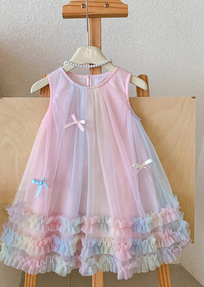 Art Rainbow O-Neck Patchwork Bow Tulle Girls Long Dress Summer