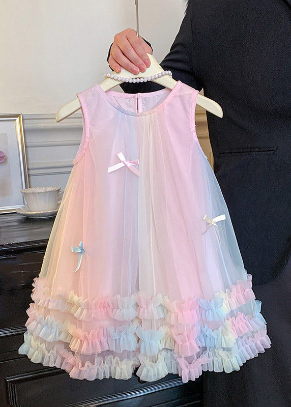 Art Rainbow O-Neck Patchwork Bow Tulle Girls Long Dress Summer