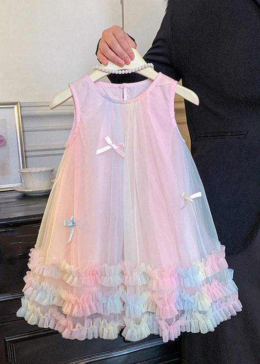 Art Rainbow O-Neck Patchwork Bow Tulle Girls Long Dress Summer