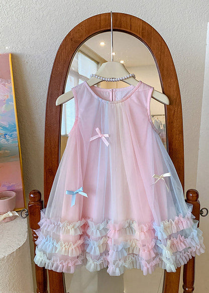 Art Rainbow O-Neck Patchwork Bow Tulle Girls Long Dress Summer