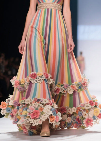Art Rainbow Striped Flower Decorated Chiffon Evening Dress Summer