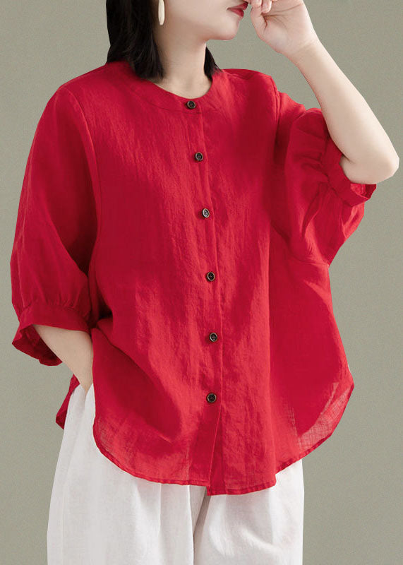Art Print1 O-Neck Button Linen Loose Shirt Top Lantern Sleeve