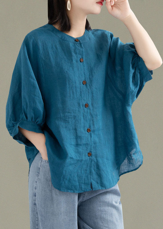 Art Print2 O-Neck Button Linen Loose Shirt Top Lantern Sleeve