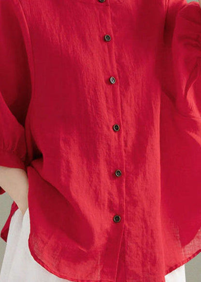 Art Print2 O-Neck Button Linen Loose Shirt Top Lantern Sleeve