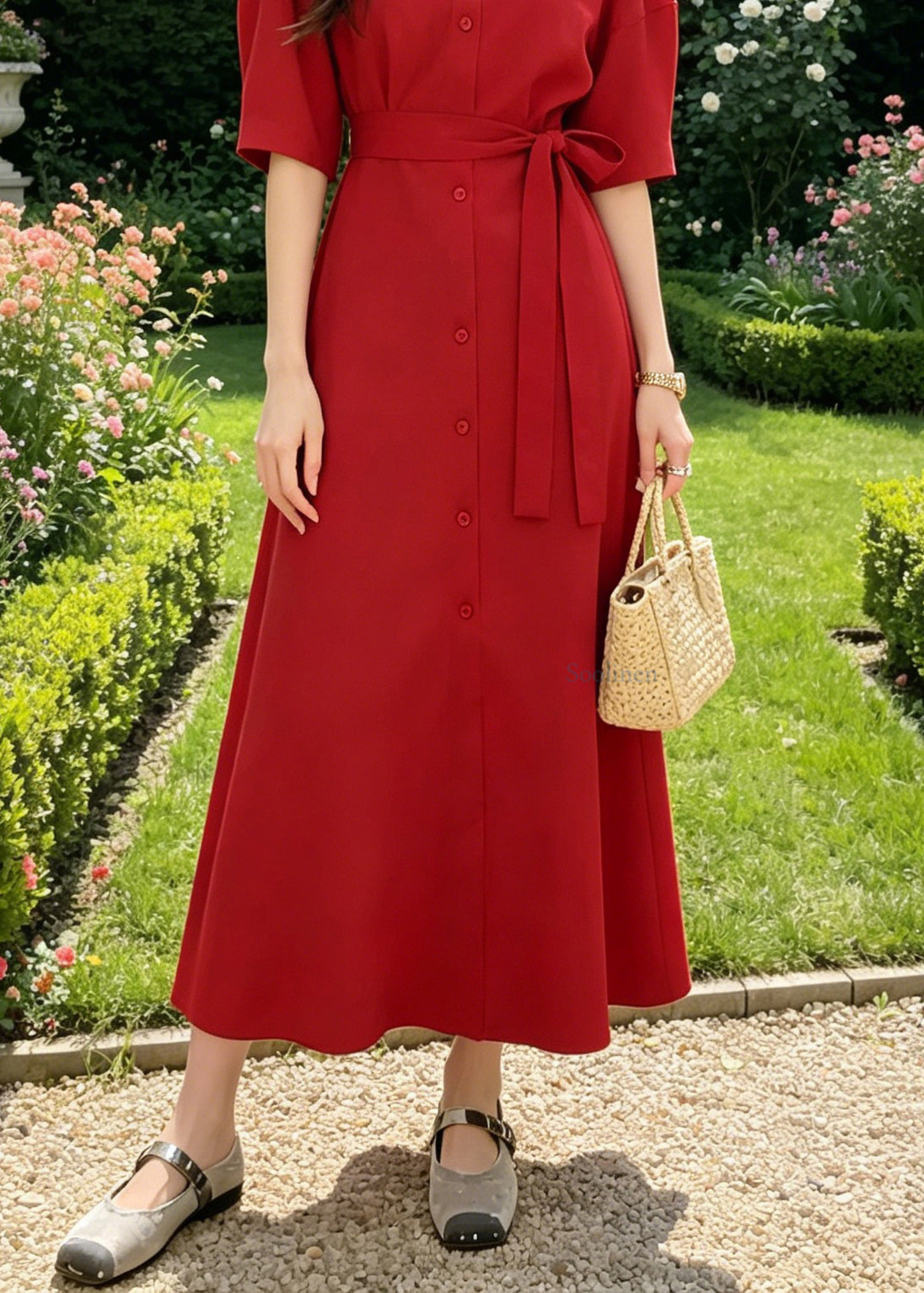 Art Red O-Neck Tie Waist Button Maxi Shirt Dress Summer