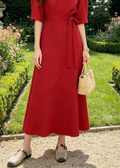 Art Red O-Neck Tie Waist Button Maxi Shirt Dress Summer