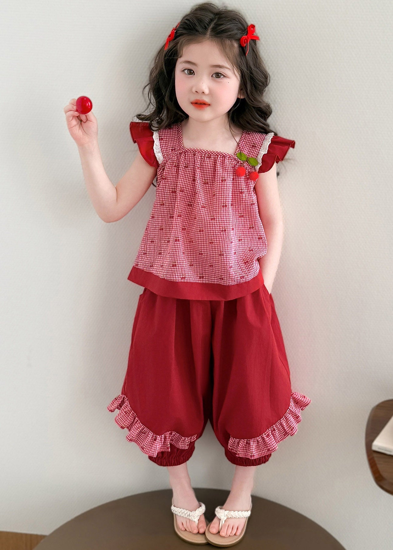 Art Red Plaid Patchwork Girls Vest And Lantern Pants Two Piece Set Summer