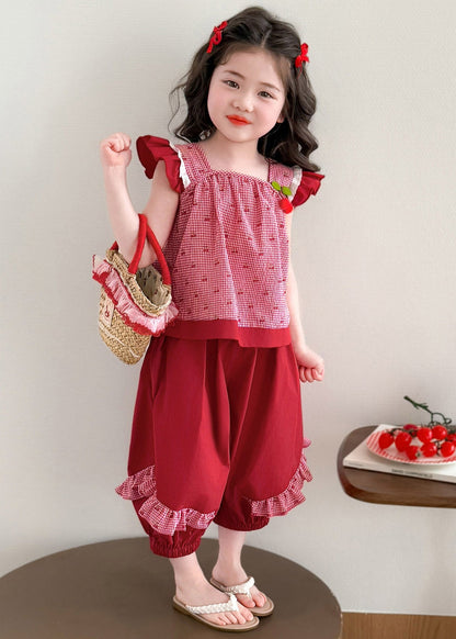Art Red Plaid Patchwork Girls Vest And Lantern Pants Two Piece Set Summer