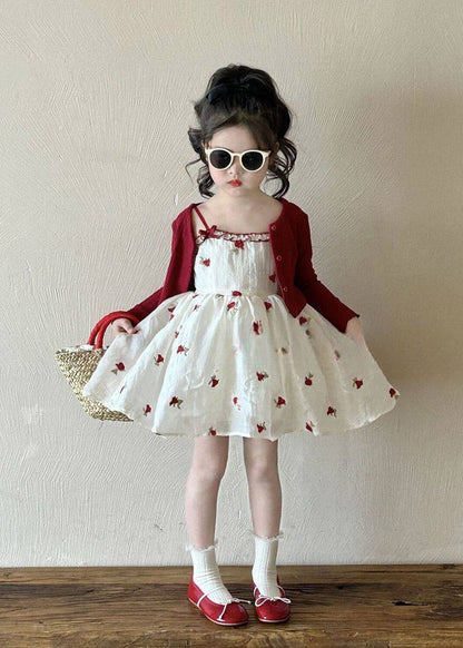 Art Red Print Kids Cardigan And Mid Dress Two Piece Set Spring