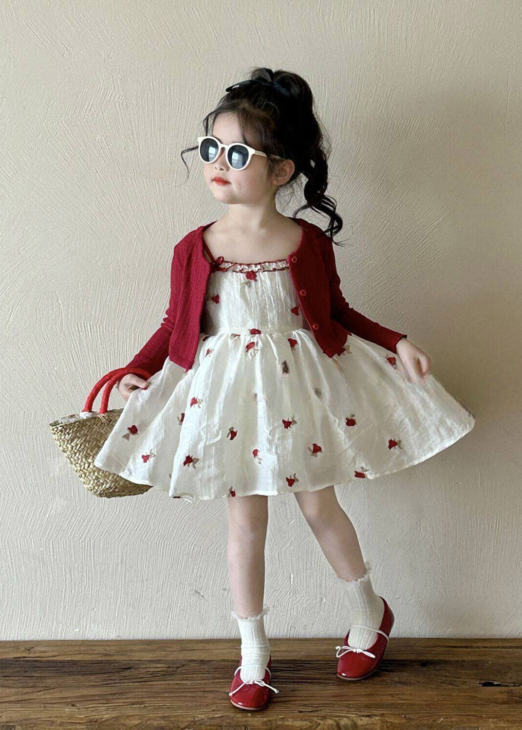 Art Red Print Kids Cardigan And Mid Dress Two Piece Set Spring