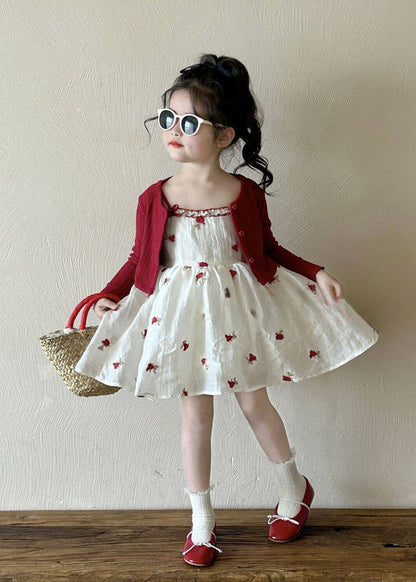 Art Red Print Kids Cardigan And Mid Dress Two Piece Set Spring