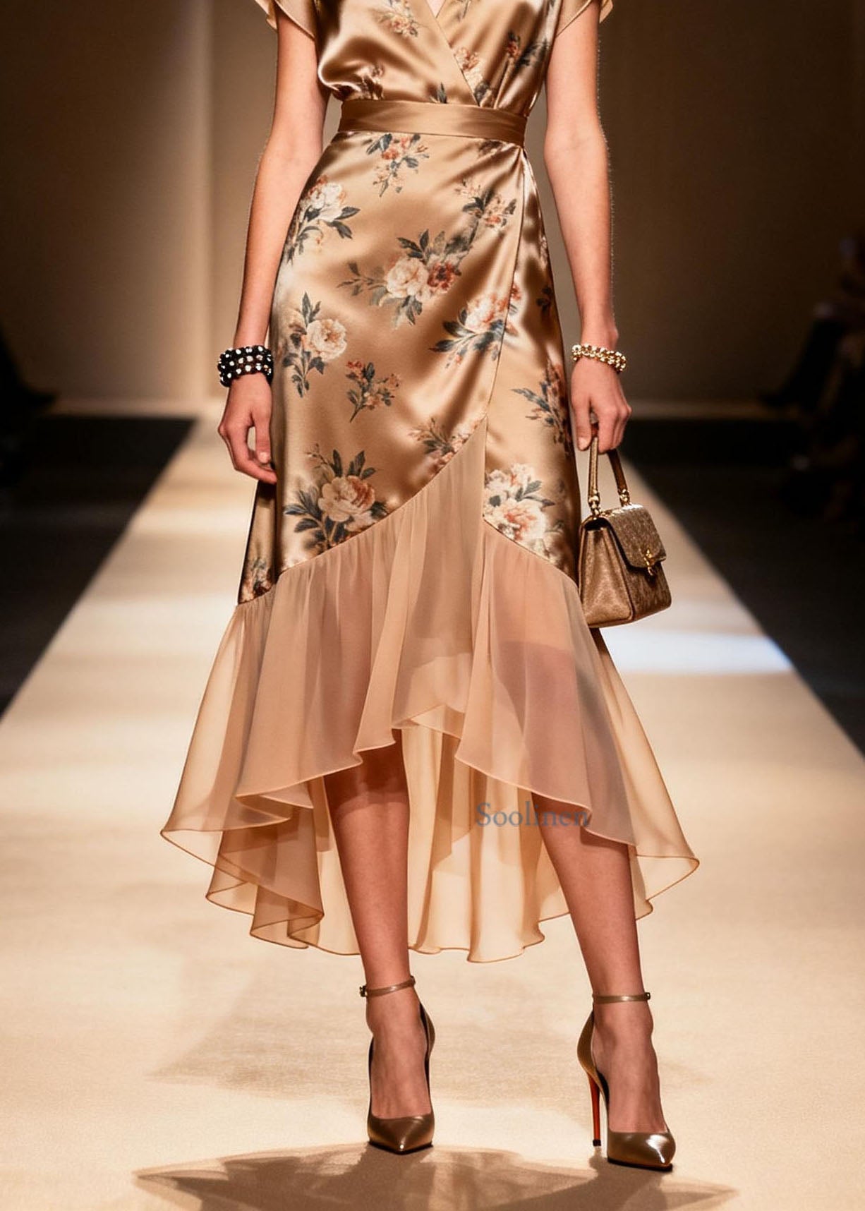 Art Ruffled Asymmetrical Print Patchwork Silk Dress Summer