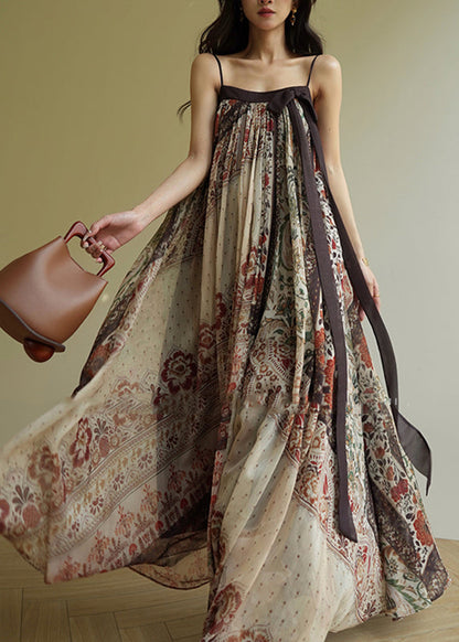 Art Slash Neck Patchwork Long Spaghetti Strap Dress Sleeveless