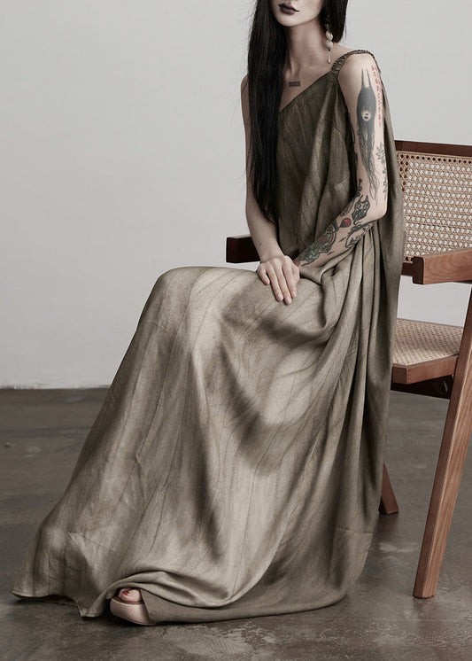 Art Tea Brown Cold Shoulder Wrinkled Patchwork Silk Dresses Summer