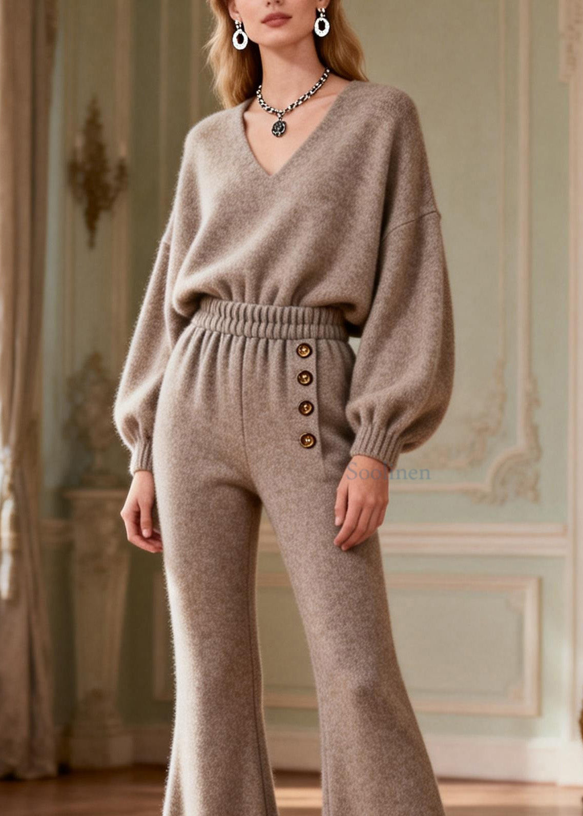 Art V Neck Top And Pants Knit Two Pieces Set Spring