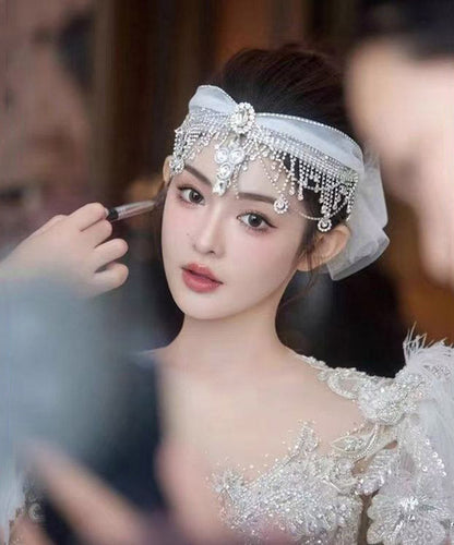 Art White Tulle Patchwor Crystal Zircon Tassel HairPiece