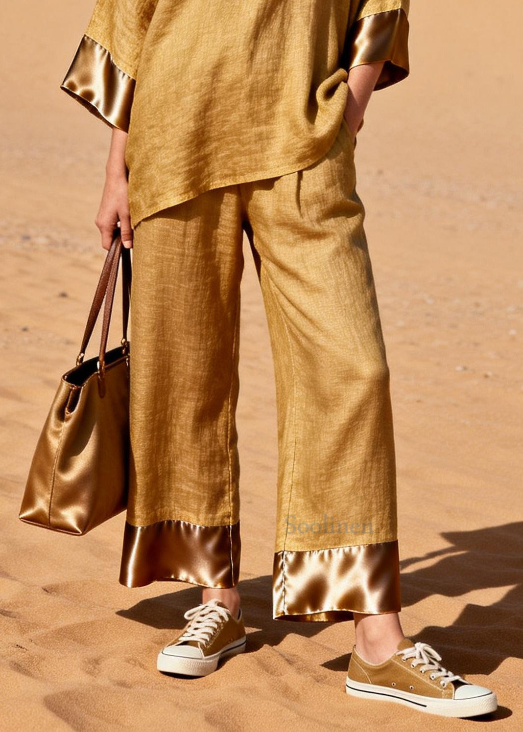 Art Yellow Oversized Patchwork Linen Two Pieces Set Spring