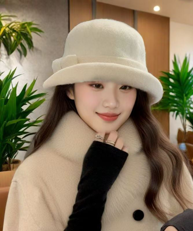 Autumn Winter Elegant Bow Thick Woolen Bucket Hat