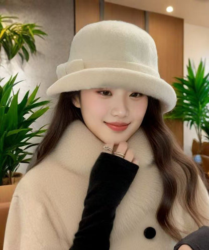 Autumn Winter Elegant Bow Thick Woolen Bucket Hat