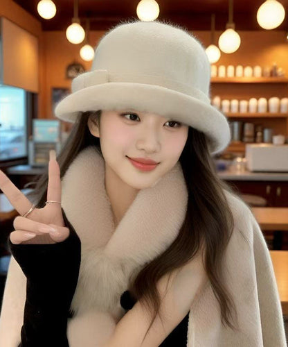 Autumn Winter Elegant Bow Thick Woolen Bucket Hat