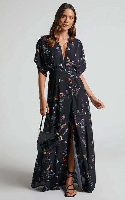 Erenza Maxi Dress - Extended Sleeve Wrap Dress in Black Flower Field