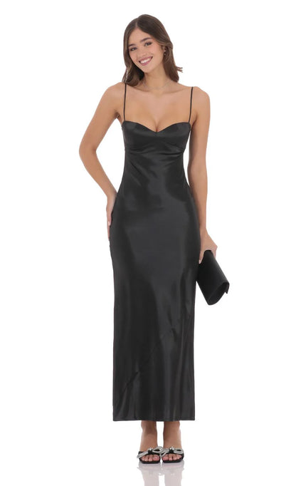 Satin Back Tie Maxi Dress in Black