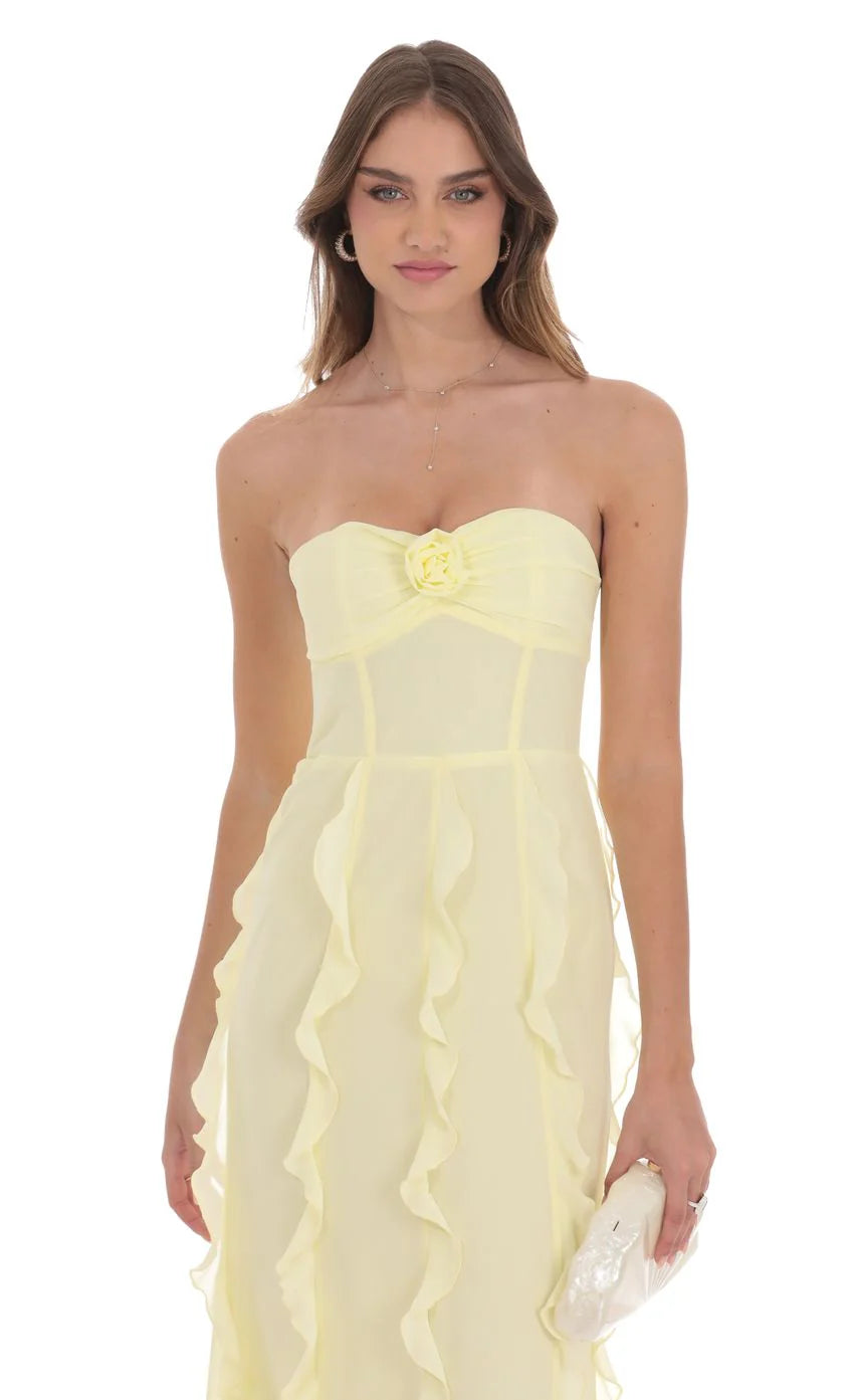Chiffon Rossette Ruffle Maxi Dress in Yellow