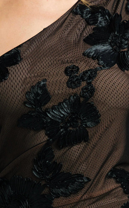Shelby Maxi Dress One Shoulder Rosette Fitted Applique Dress in Black
