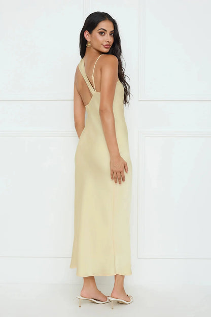 Whispering Palms Satin Midi Dress Yellow