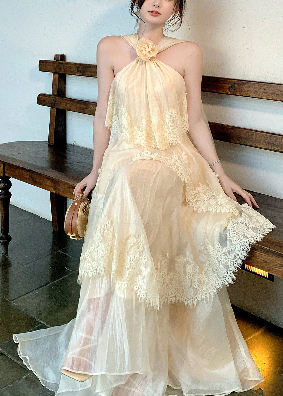 Beach Apricot Halter Lace Patchwork Floral Maxi Dress Summer