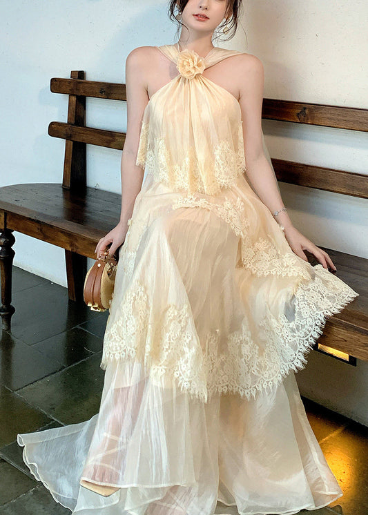 Beach Apricot Halter Lace Patchwork Floral Maxi Dress Summer