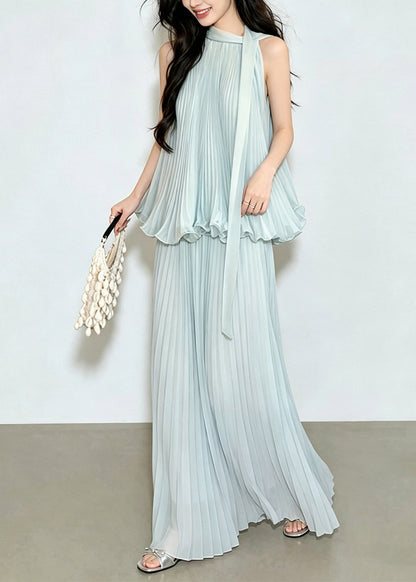 Beach Blue O-Neck Wrinkled Patchwork Solid Top And Wide Leg Pants Two Pieces Set Summer