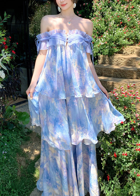 Beach Light Purple Slash Neck Print Long Cake Dress Short Sleeve