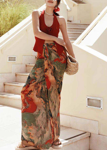 Beach Red Floral Vest And Maxi Skirts Two Pieces Set Summer