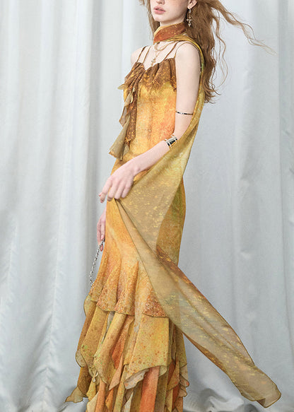 Beach Yellow Patchwork Maxi Spaghetti Strap Dresses Sleeveless