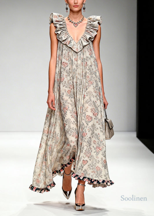 Beautiful Apricot Ruffled Print Chiffon Maxi Dresses Sleeveless