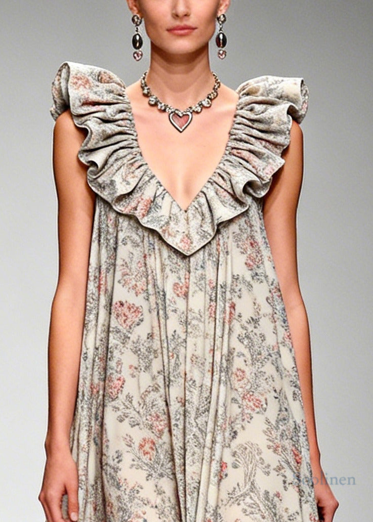Beautiful Apricot Ruffled Print Chiffon Maxi Dresses Sleeveless
