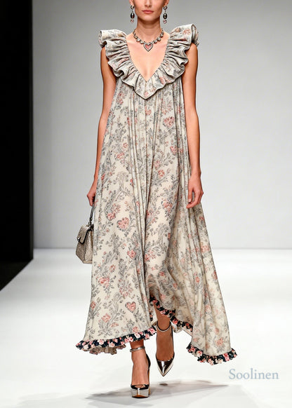 Beautiful Apricot Ruffled Print Chiffon Maxi Dresses Sleeveless
