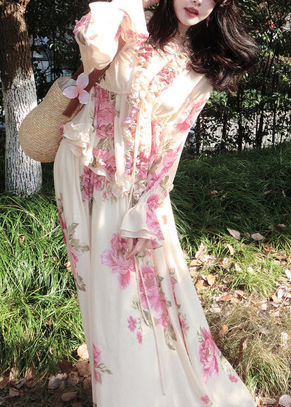 Beautiful Apricot Ruffled Print Chiffon Two Pieces Set Spring