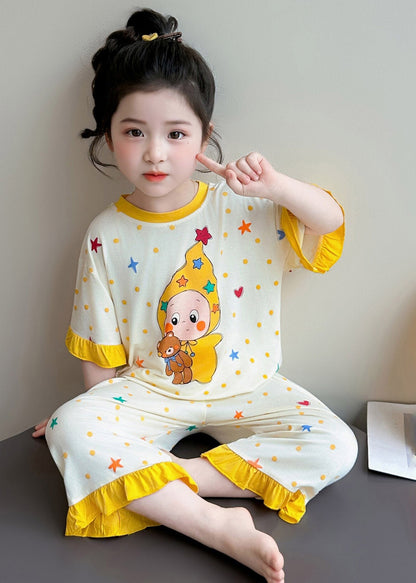 Beautiful Beige Print Girls Pajamas Two Pieces Set Short Sleeve