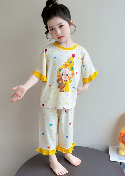 Beautiful Beige Print Girls Pajamas Two Pieces Set Short Sleeve