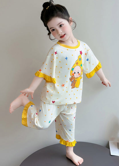 Beautiful Beige Print Girls Pajamas Two Pieces Set Short Sleeve