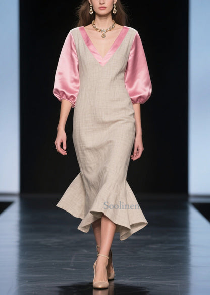 Beautiful Beige Puff Sleeve Patchwork Linen Silk Maxi Dress Summer