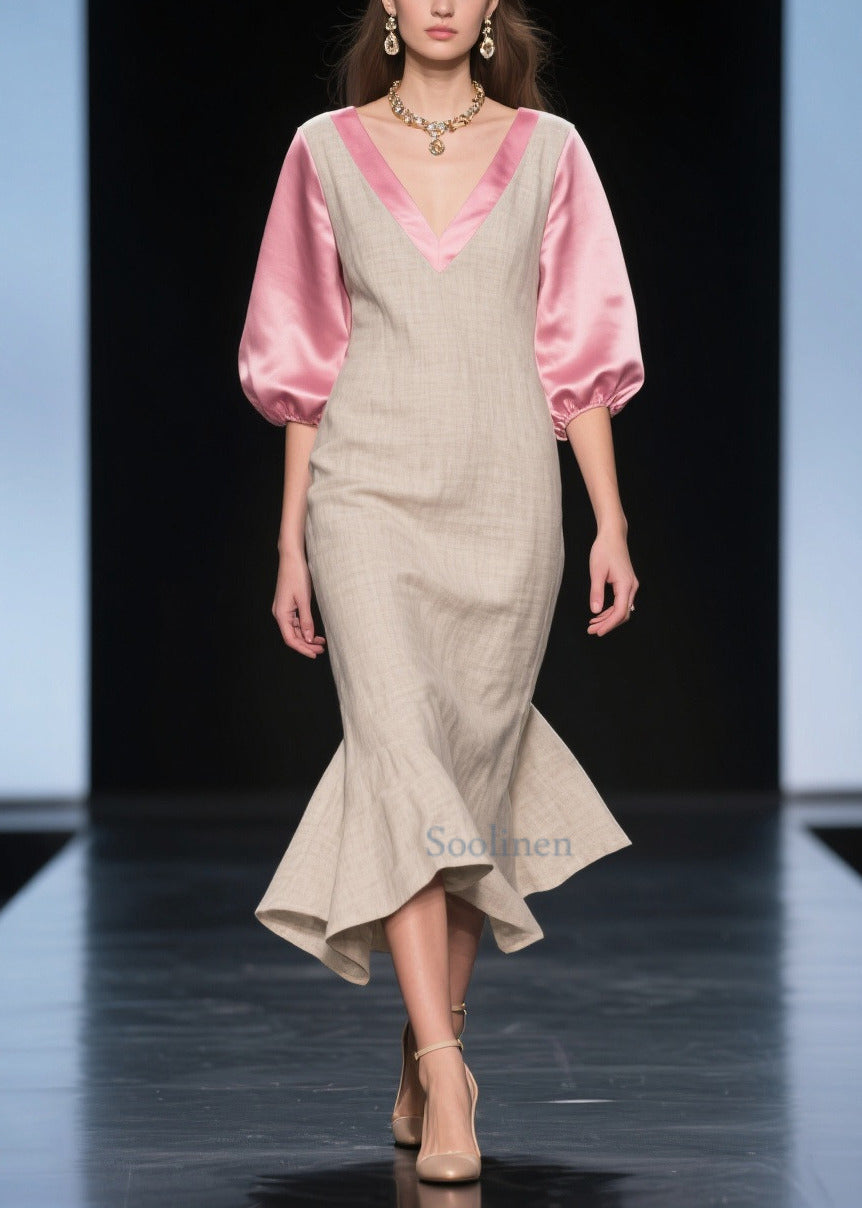 Beautiful Beige Puff Sleeve Patchwork Linen Silk Maxi Dress Summer