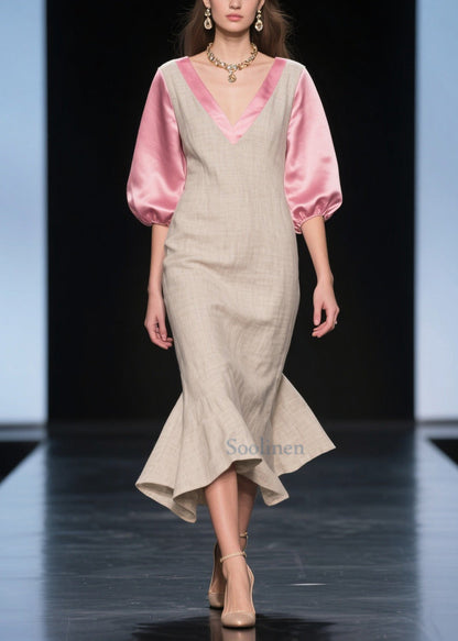 Beautiful Beige Puff Sleeve Patchwork Linen Silk Maxi Dress Summer