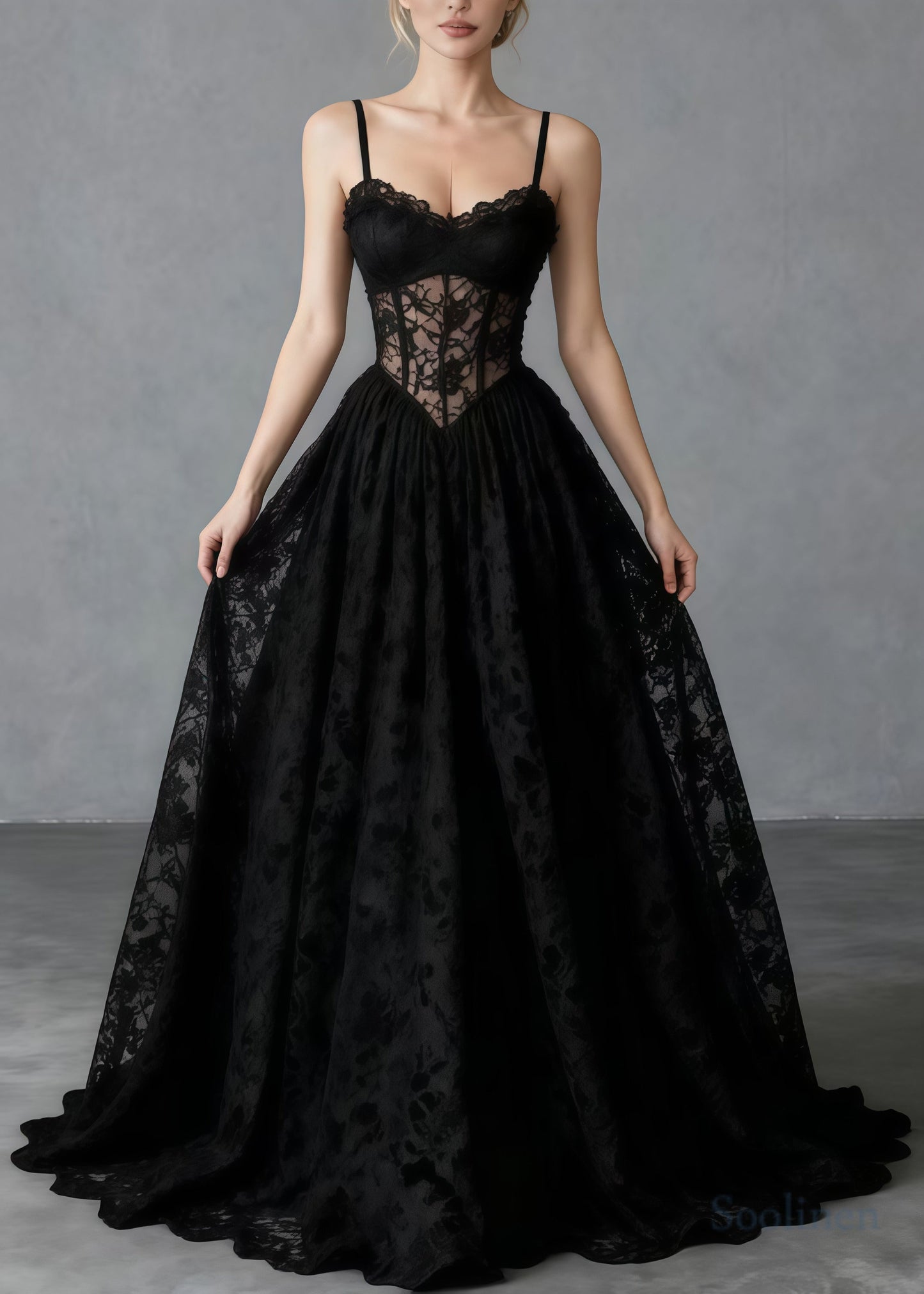 Beautiful Black Hollow Out Exra Large Hem Lace Cami Dresses Summer