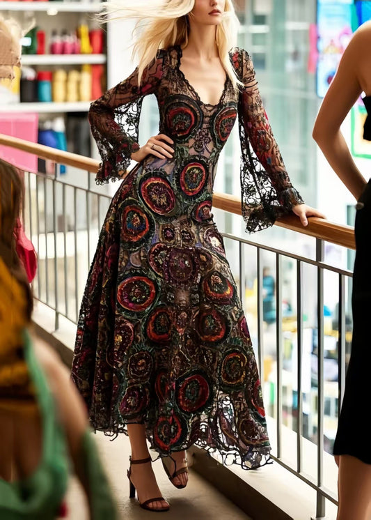 Beautiful Black Print d Hollow Out Lace Dinner Dresses Summer