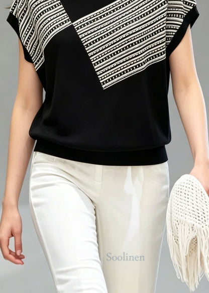 Beautiful Black O Neck Striped Thin Knit T Shirt Top Summer